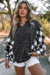 Black Buffalo Plaid Splicing Split Neck Knit Top