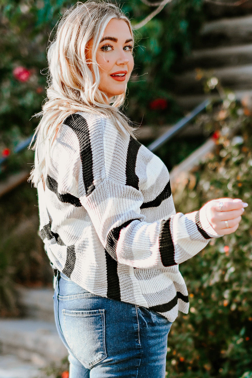 Striped Color Block Cut Out Back Plus Size Sweater