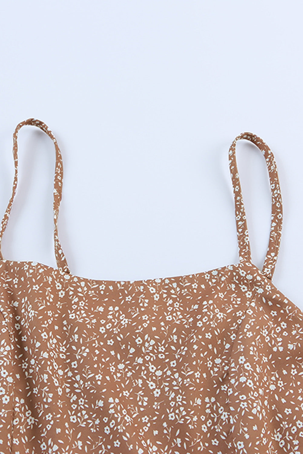 Khaki Spaghetti Straps Ruffled Hem Floral Dress