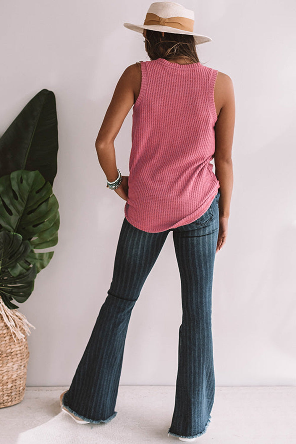 Red Twist Knot Waffle Knit Tank Top