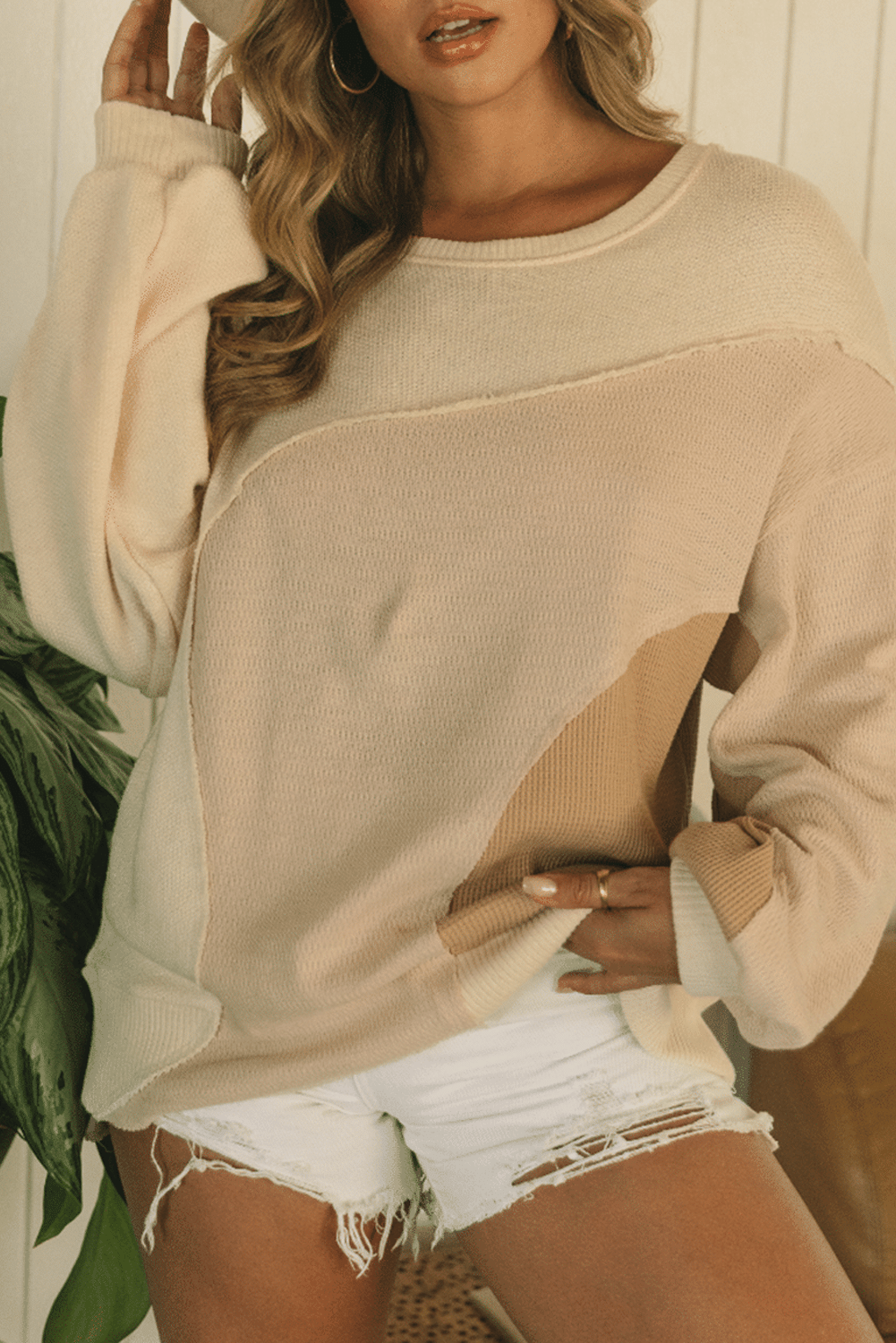 Khaki Irregular Colorblock Patchwork Pullover Sweatshirt
