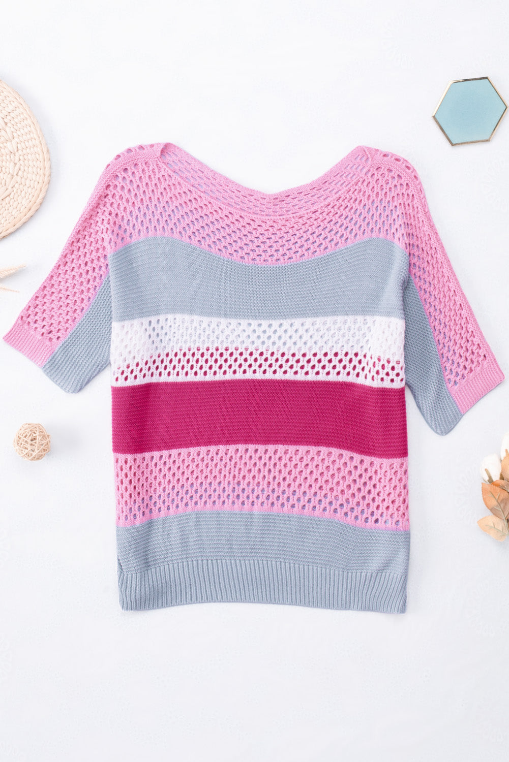 Sky Blue Knitted Eyelet Colorblock Striped Half Sleeves Top