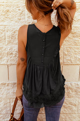 Black Lace Detail Buttons Back Sleeveless Top