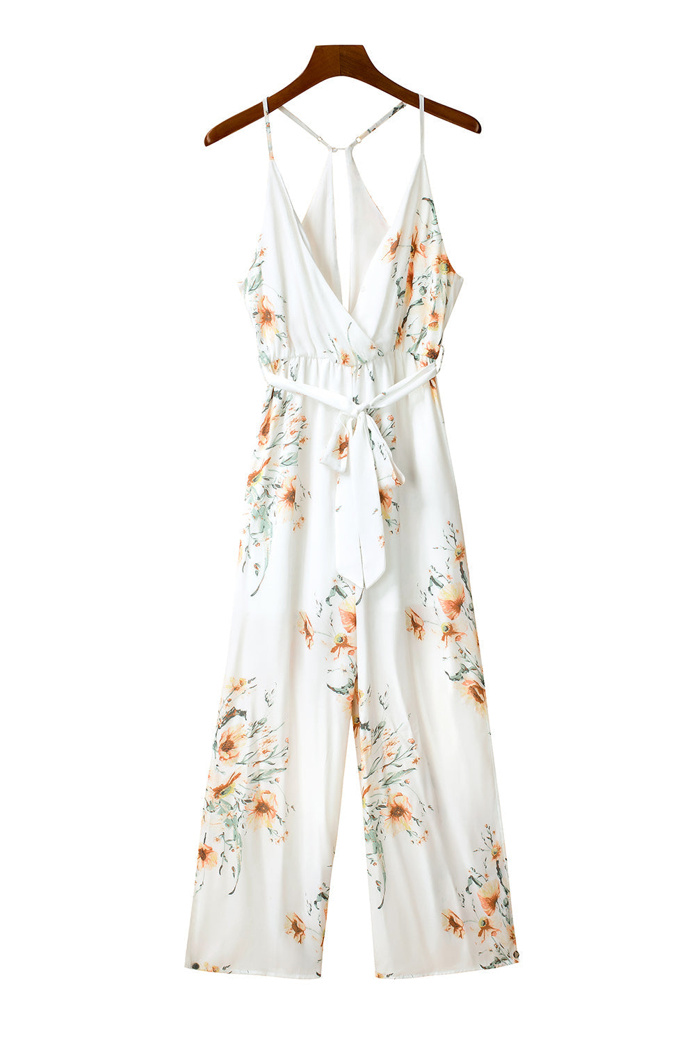 White Poppy Print Belted Cami Wide Leg Jumpsuit