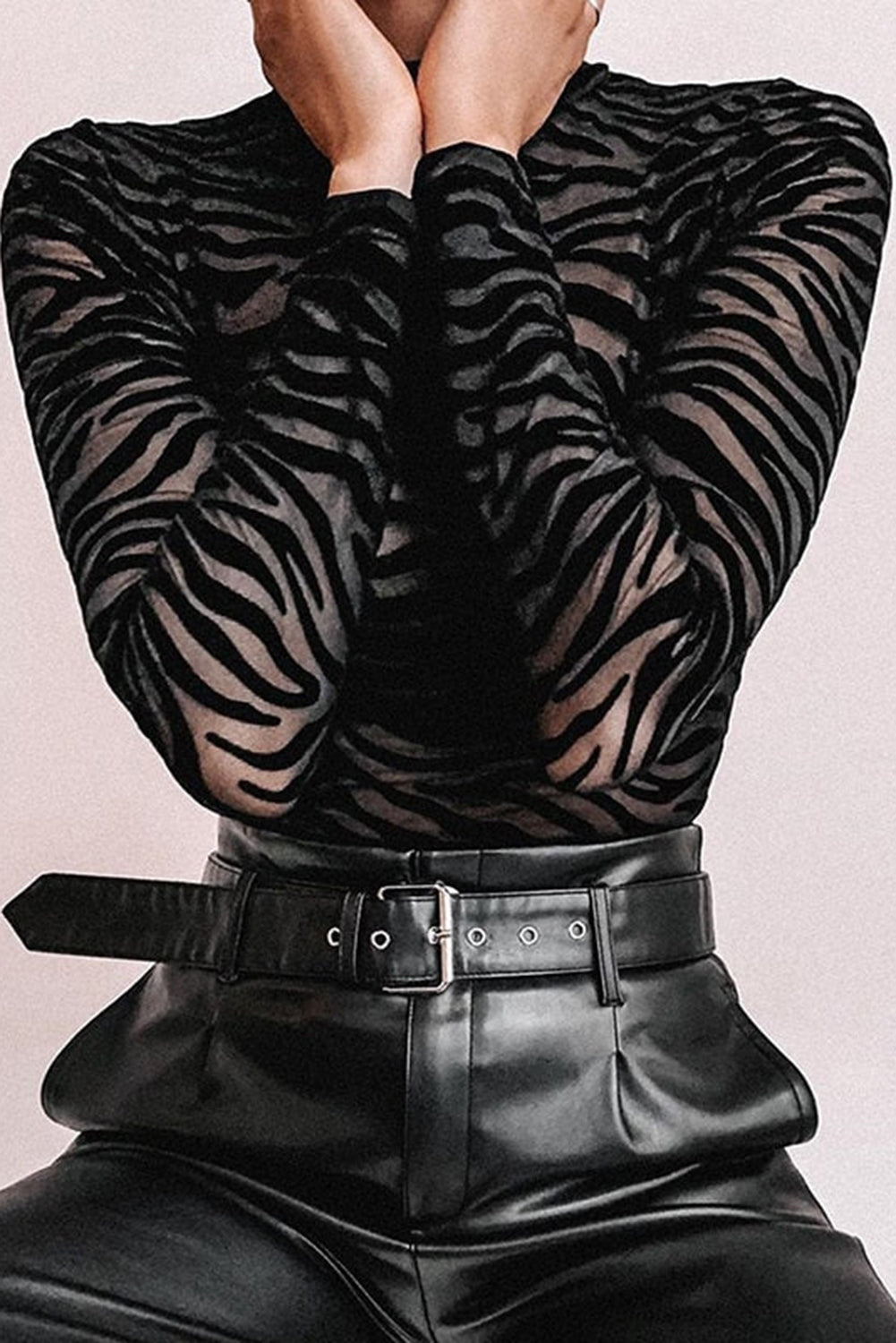 Black Mock Neck Long Sleeve Zebra Print Bodysuit