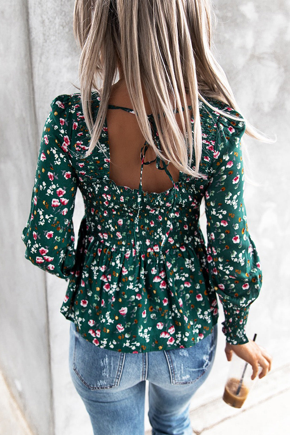 Floral Print Smocked Lace-up Square Neck Long Sleeve Top