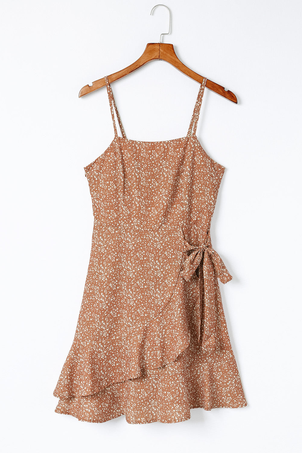 Khaki Spaghetti Straps Ruffled Hem Floral Dress