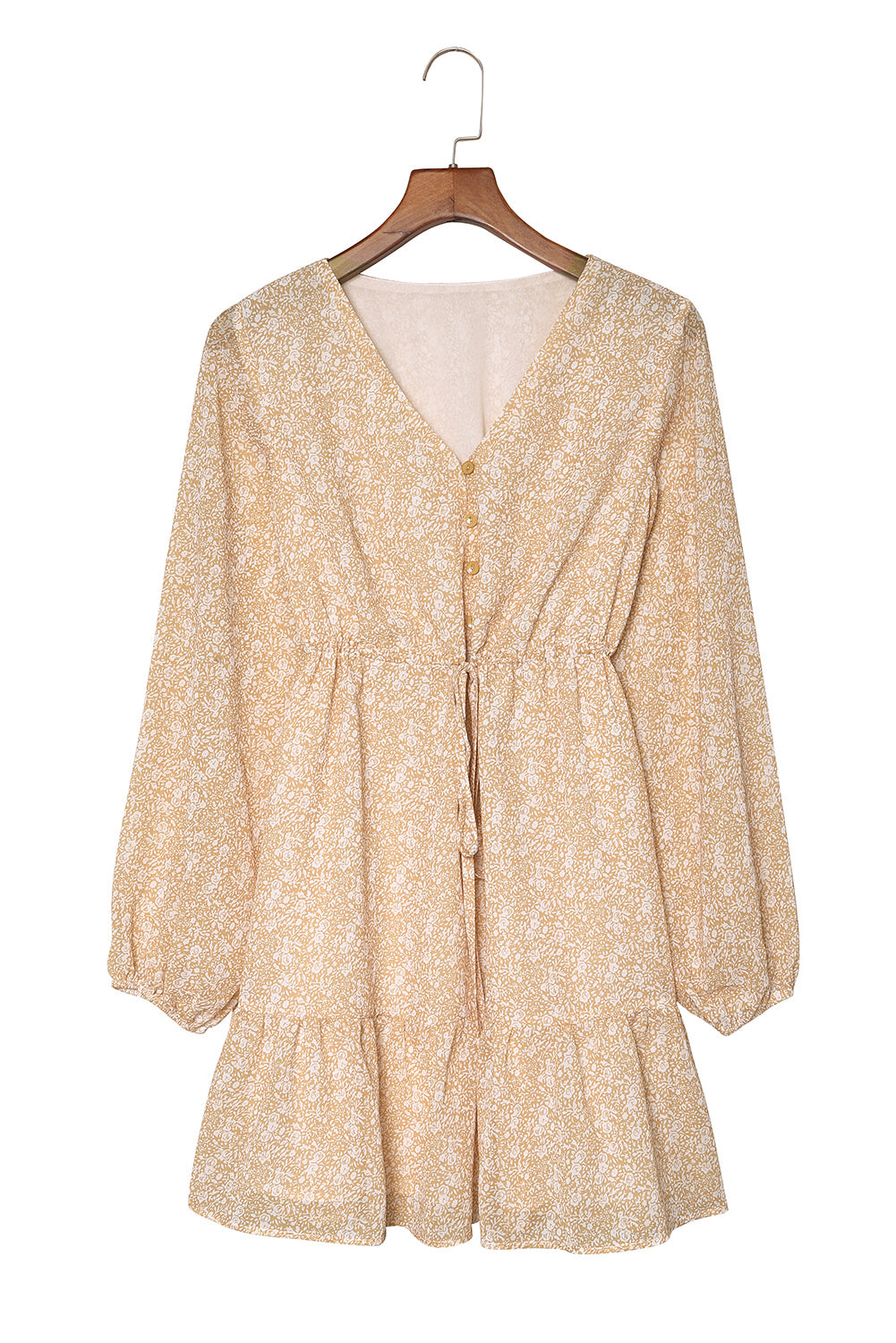 Brown Buttons Front Bubble Sleeve Shirt Floral Dress