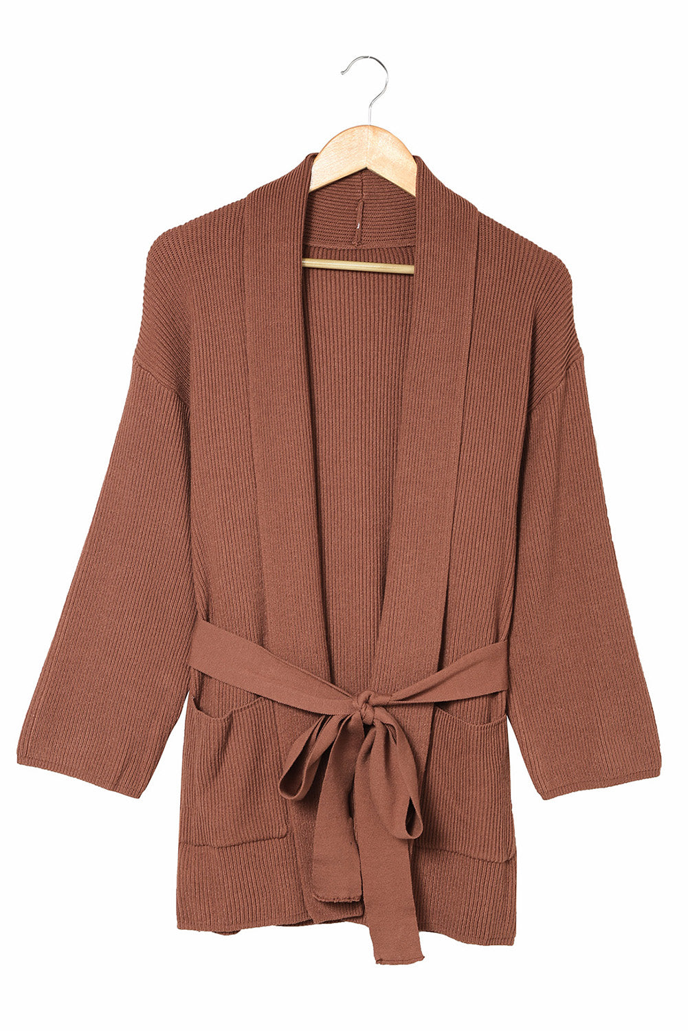 Black Robe Style Rib Knit Pocketed Cardigan with Belt