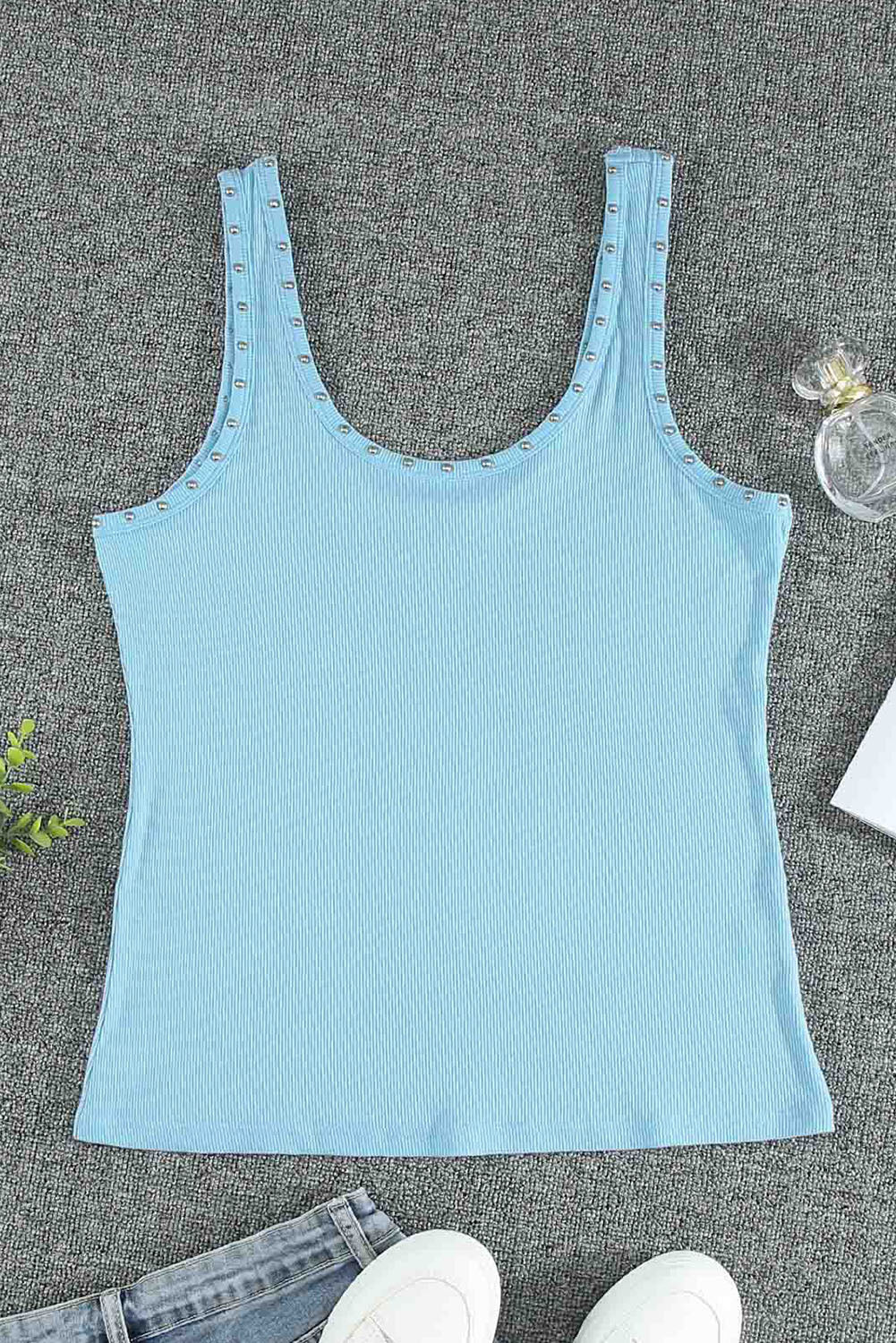 Sky Blue Studded Ribbed Tank Top