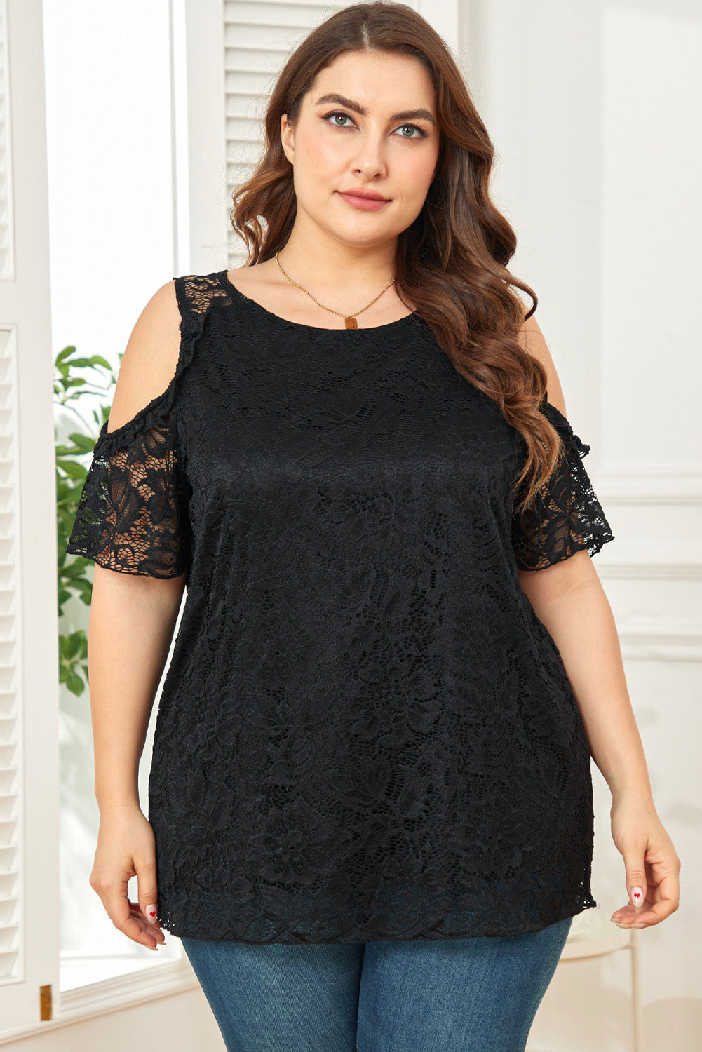 Black Floral Lace Cold Shoulder Plus Size Top