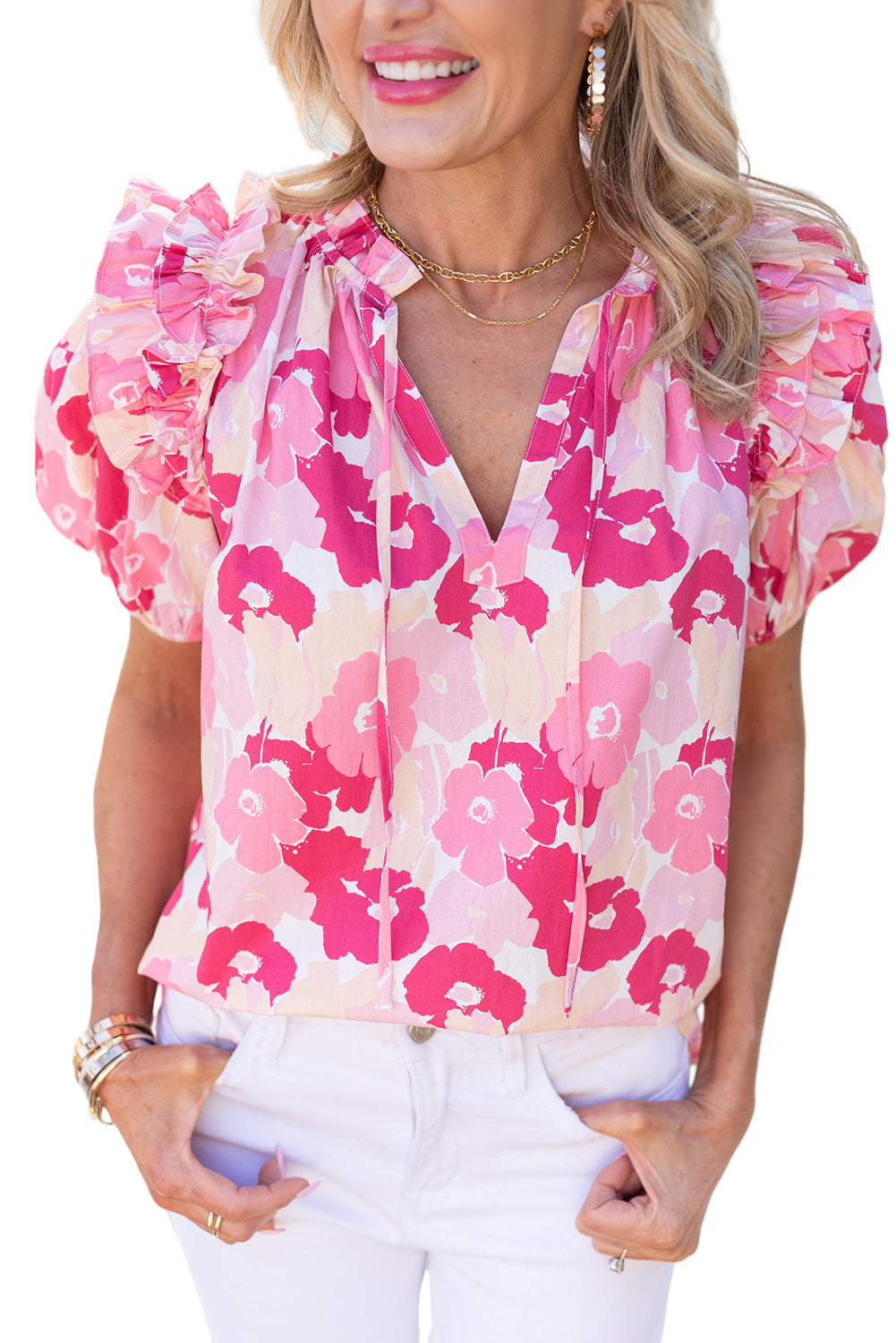 Pink Split Neck Ruffled Puff Sleeves Floral Top