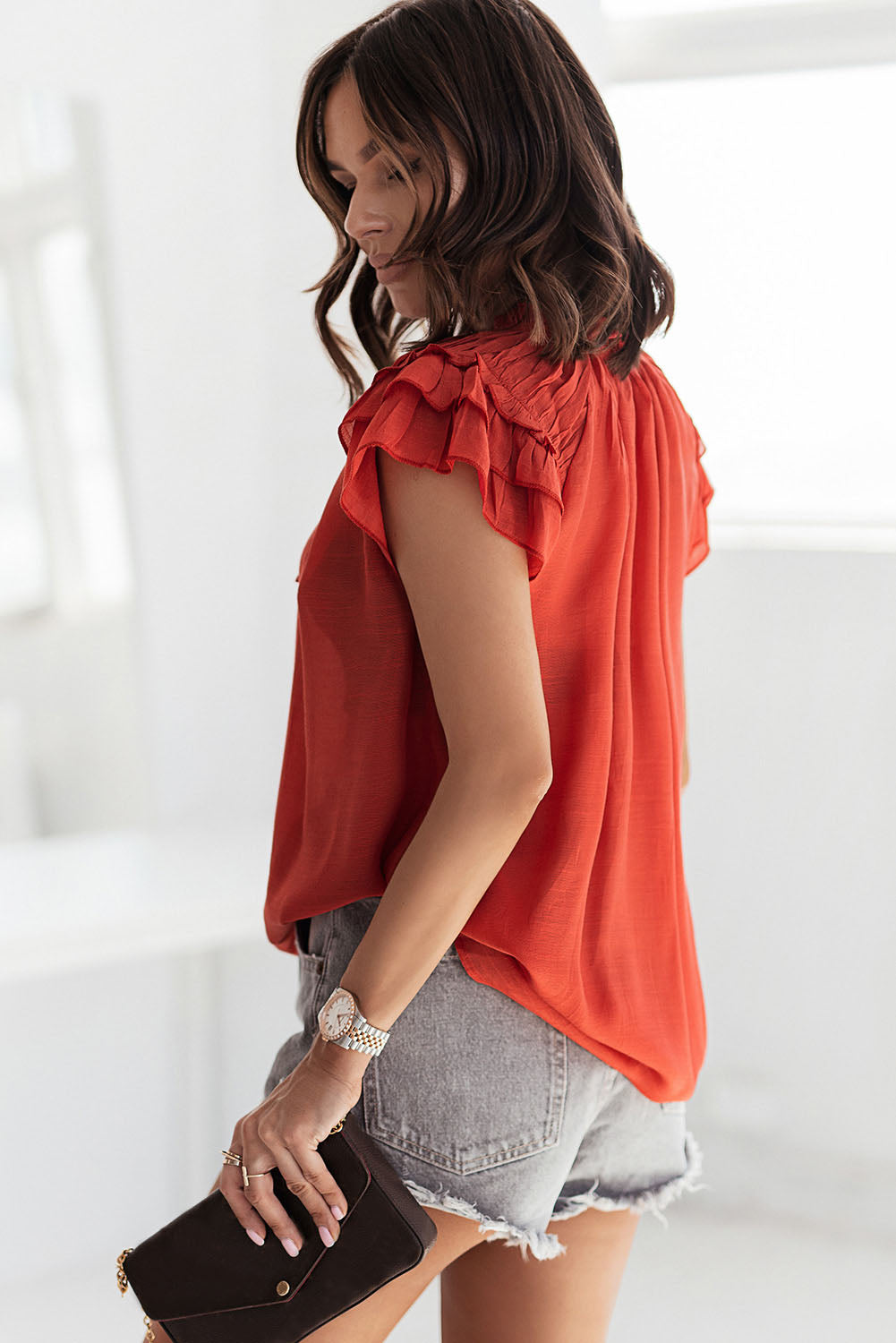 Gray Tiered Ruffled Drawstring V Neck Top