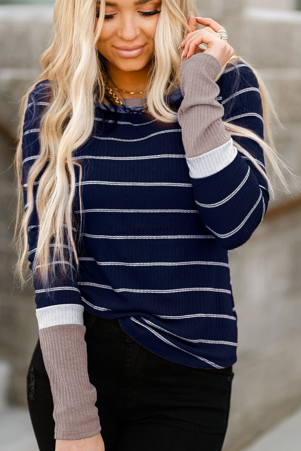 Blue Extend Color Block Cuffs Rib Knit Striped Pullover