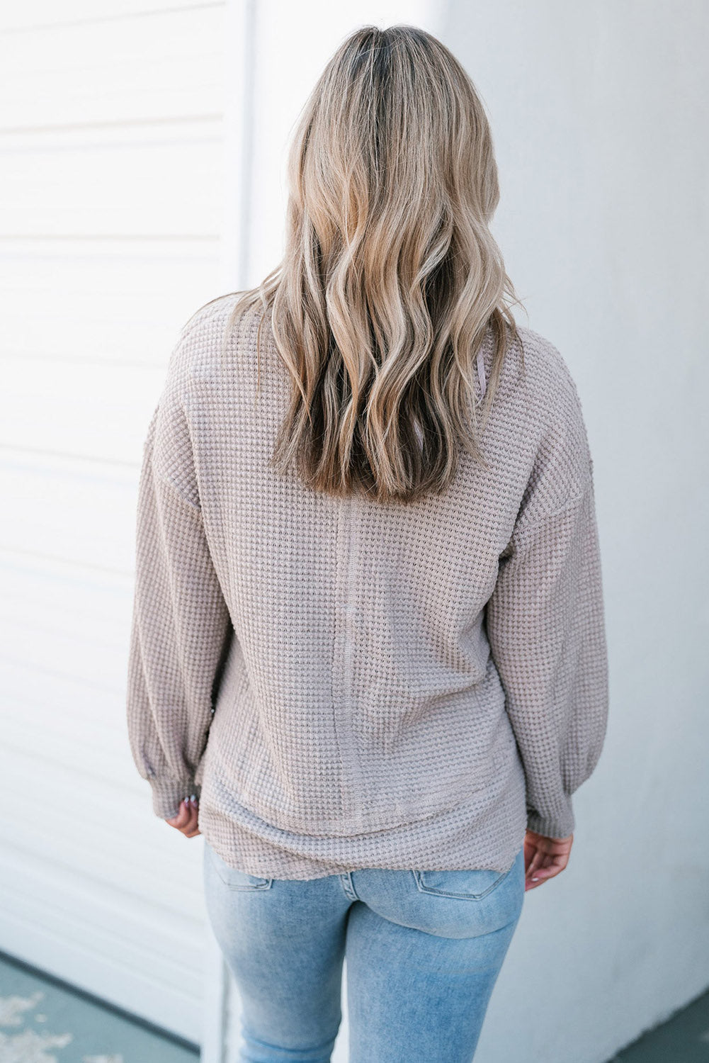 Light Grey Raw Edge Detail Waffle Knit V Neck Top