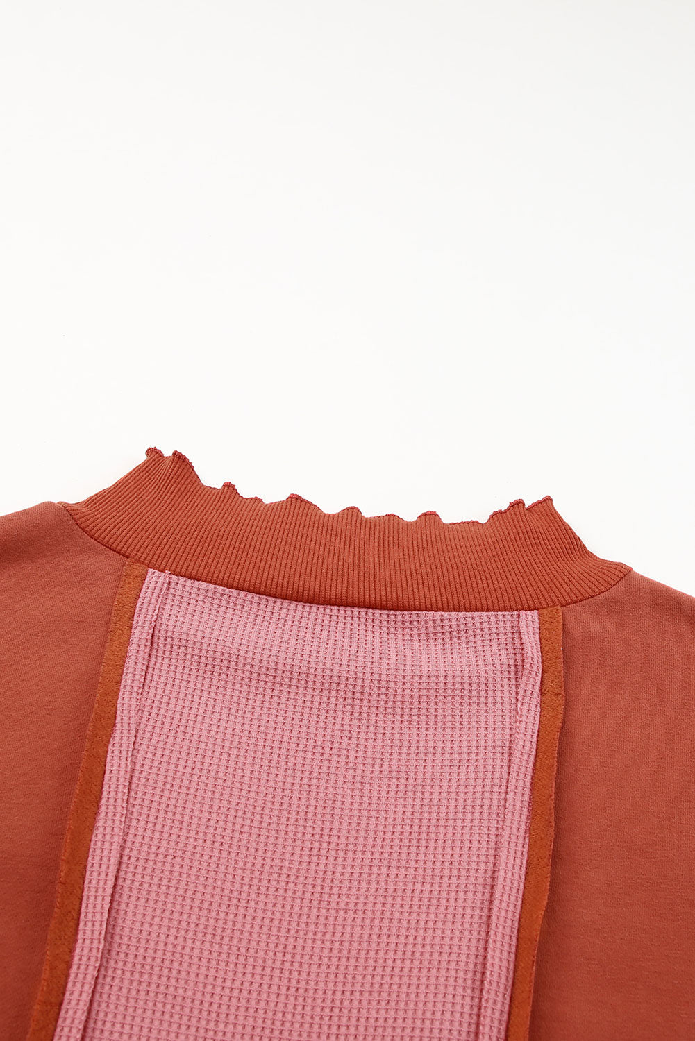 Red Waffle Knit Ripped Exposed Seam	Patchwork Top with Thumbhole