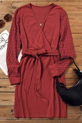 Red Lace Splicing Lace-up Wrap V Neck Mini Dress