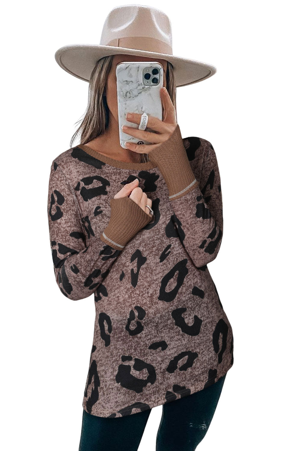 Brown Leopard Spling Thumbhole Long Sleeve Top