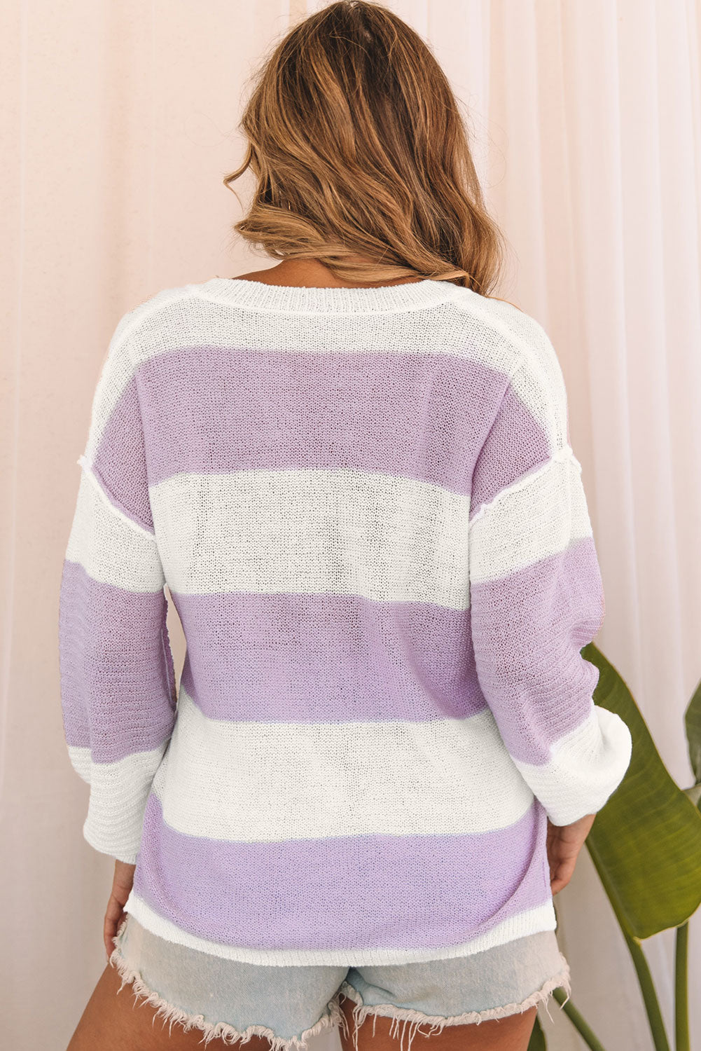 Pink Striped Knit Button Ribbed Split Neck Sweater