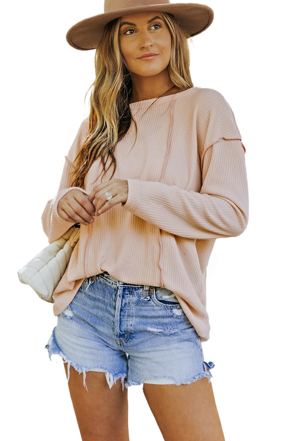 Apricot Waffle Knit Patchwork Long Sleeve Top