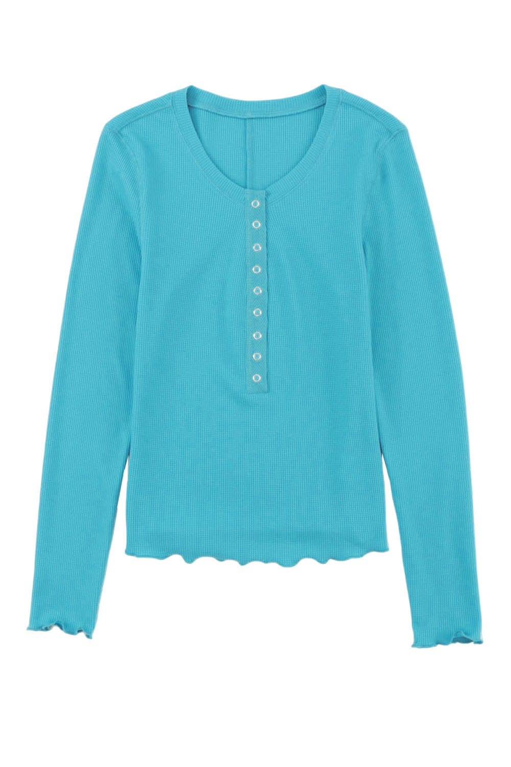 Sky Blue Waffle Knit Long Sleeve Buttoned Henley Top