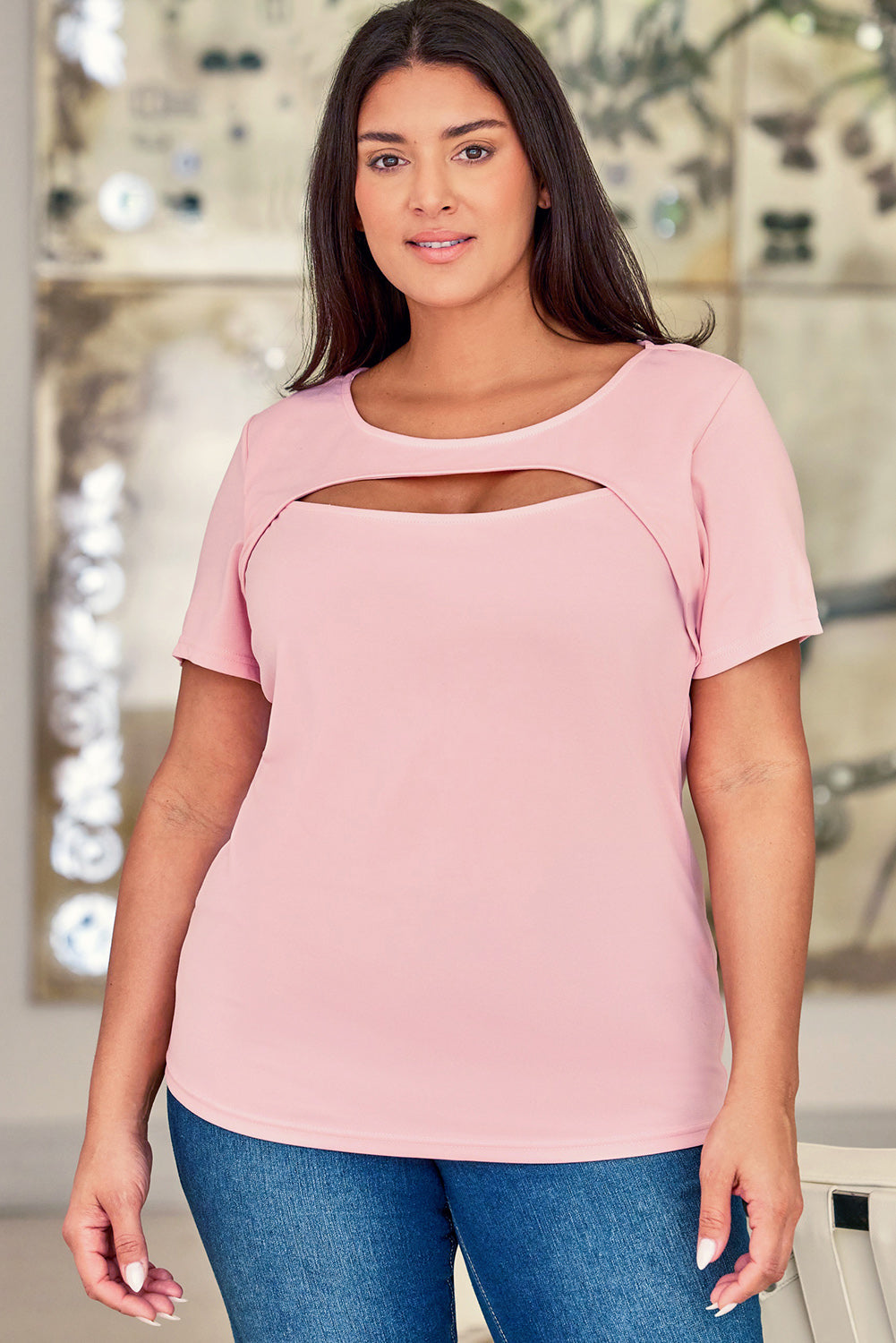 Pink Peekaboo Cutout Front Plus Size T-shirt