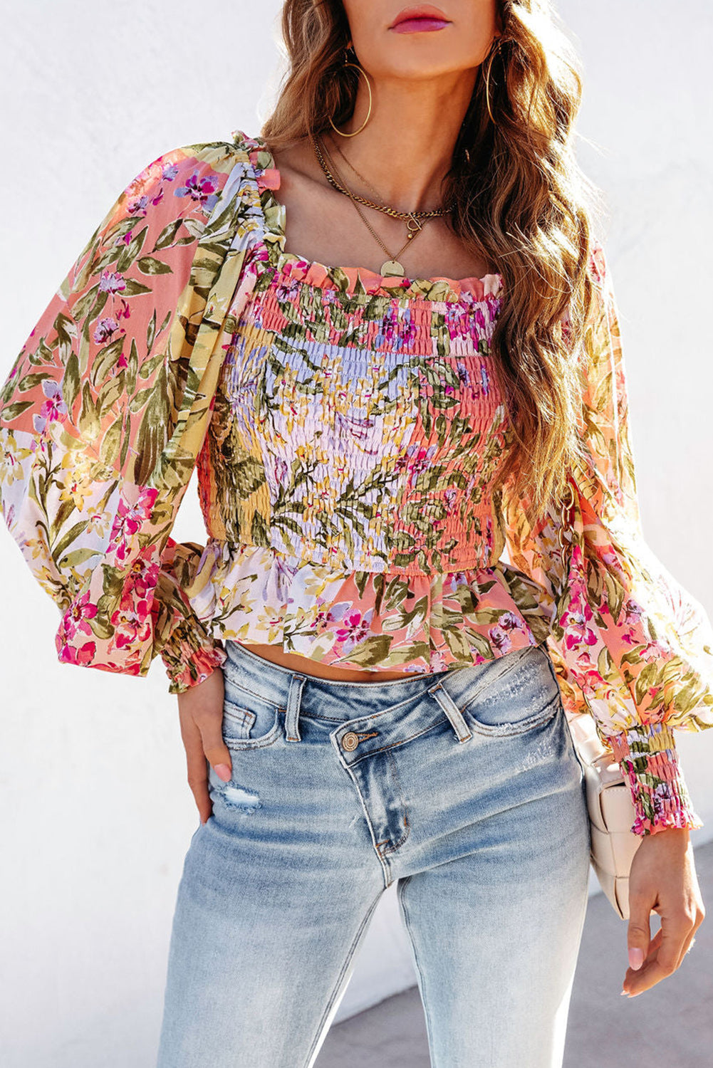 Multicolor Smocked Floral Frilled Trim Square Neck Blouse