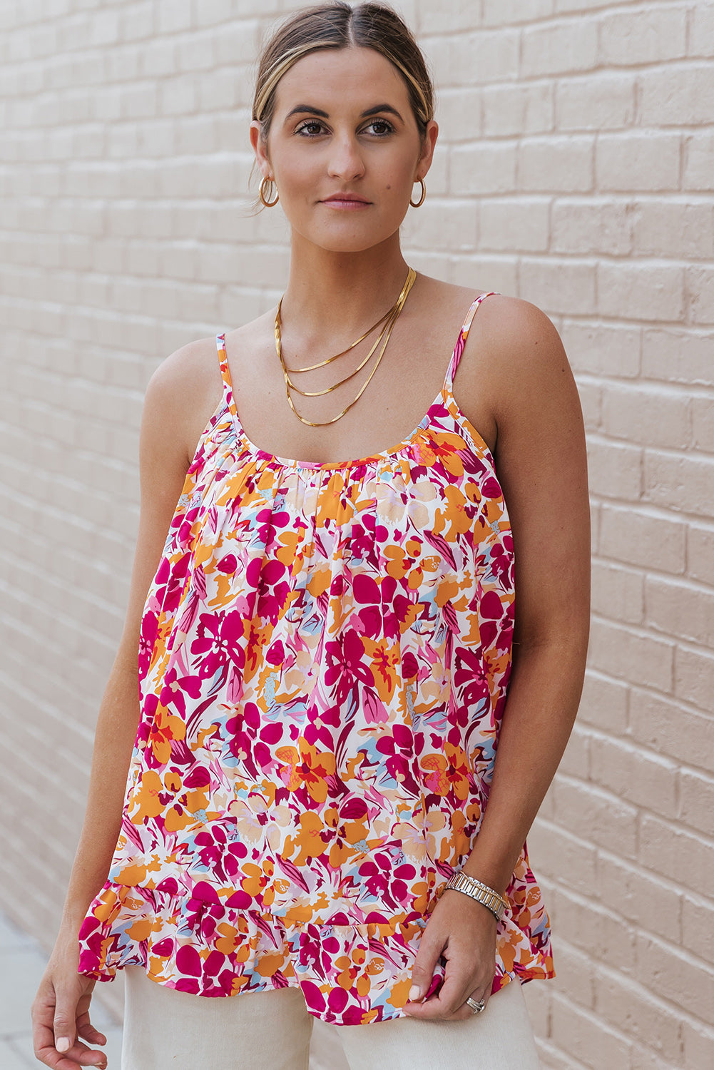 Red Floral Print Loose Fit Spaghetti Strap Tank Top