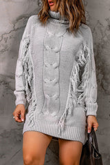 Gray Twist Fringe Casual High Neck Sweater Dress