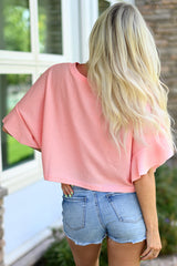 Pink Waffle Knit Ruffled Half Sleeve Blouse