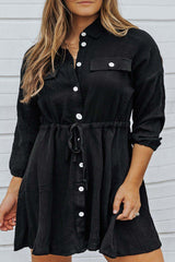 Black Plus Size Textured Drawstring Button up Shirt Dress