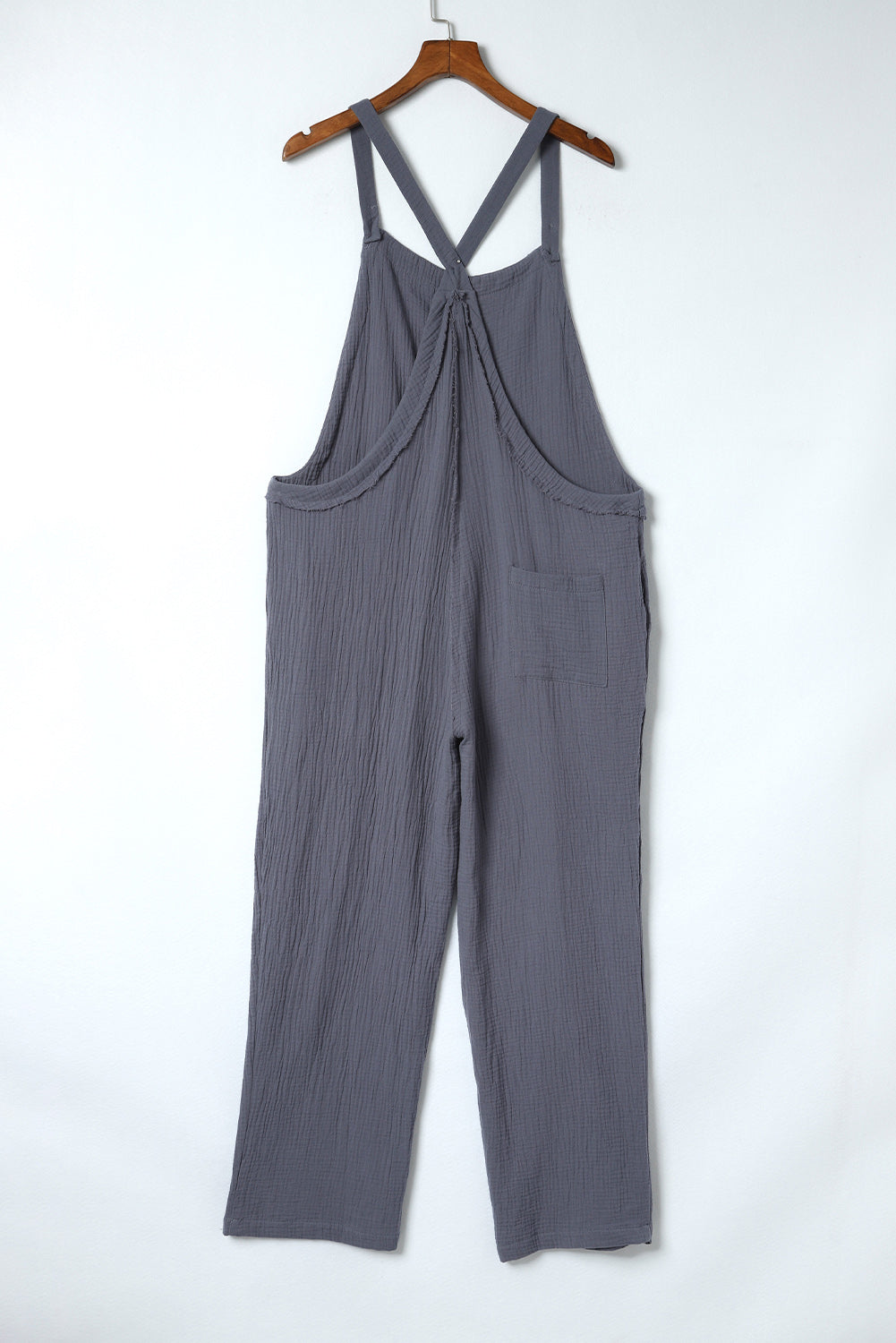 Gray Distressed Trim Crinkle Pocketed Jumpsuit
