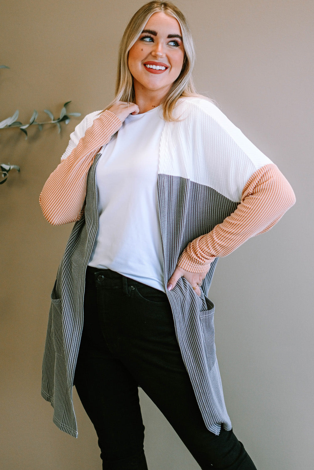 Gray Corded Colorblock Open Front Cardigan