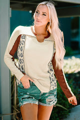 Leopard Colorblock Waffle Knit Long Sleeve Top