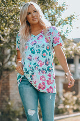 Leopard V Neck Short Sleeves T-Shirt