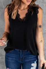 Black Sleeveless Eyelash Lace V Neck Tank Top