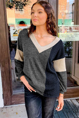 Black Brushed Contrast Knit V Neck Colorblock Long Sleeve Top
