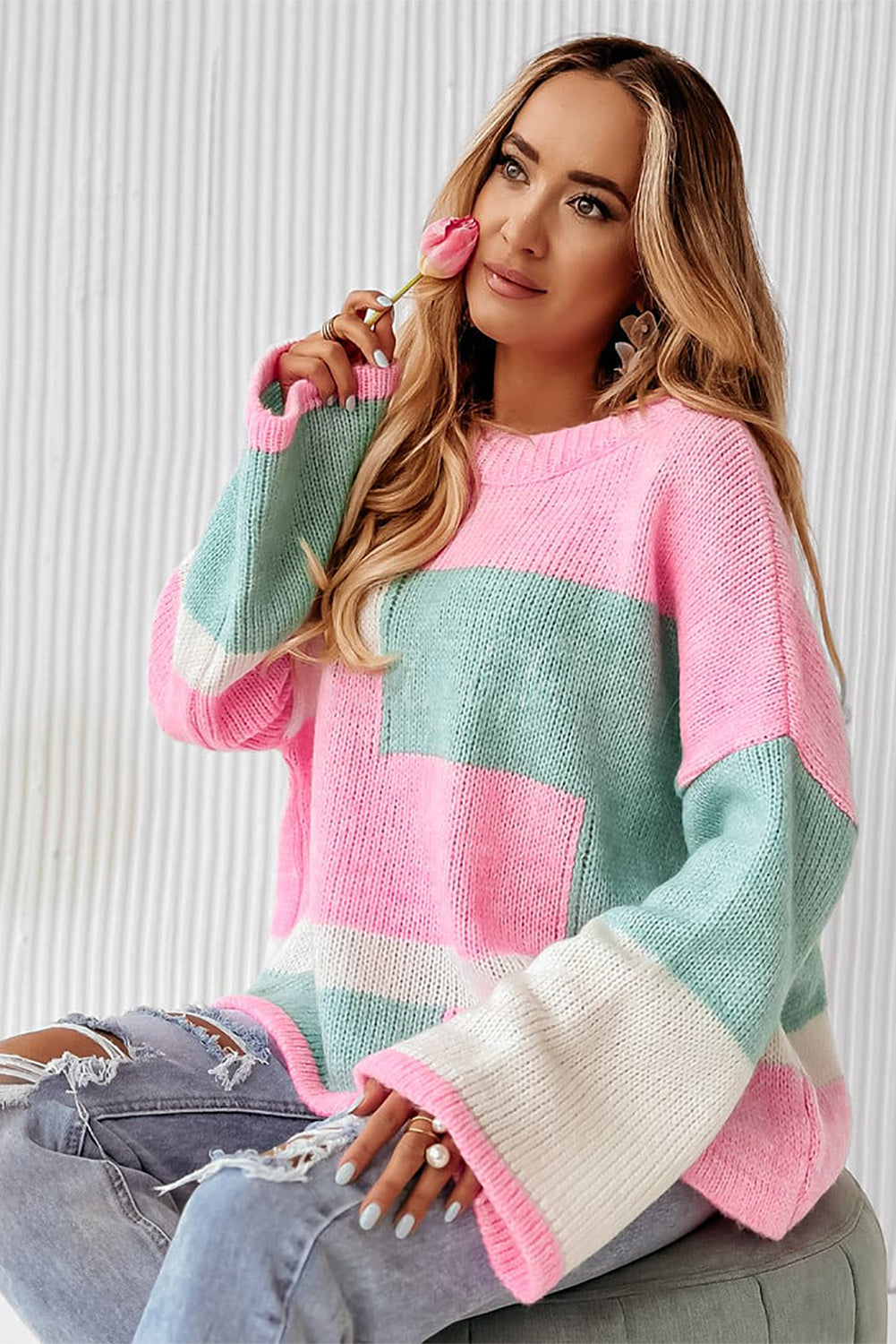 Pink Colorblock Drop Shoulder Bell Sleeve Sweater