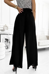 Black Frill Smocked High Waist Flowy Wide Leg Pants