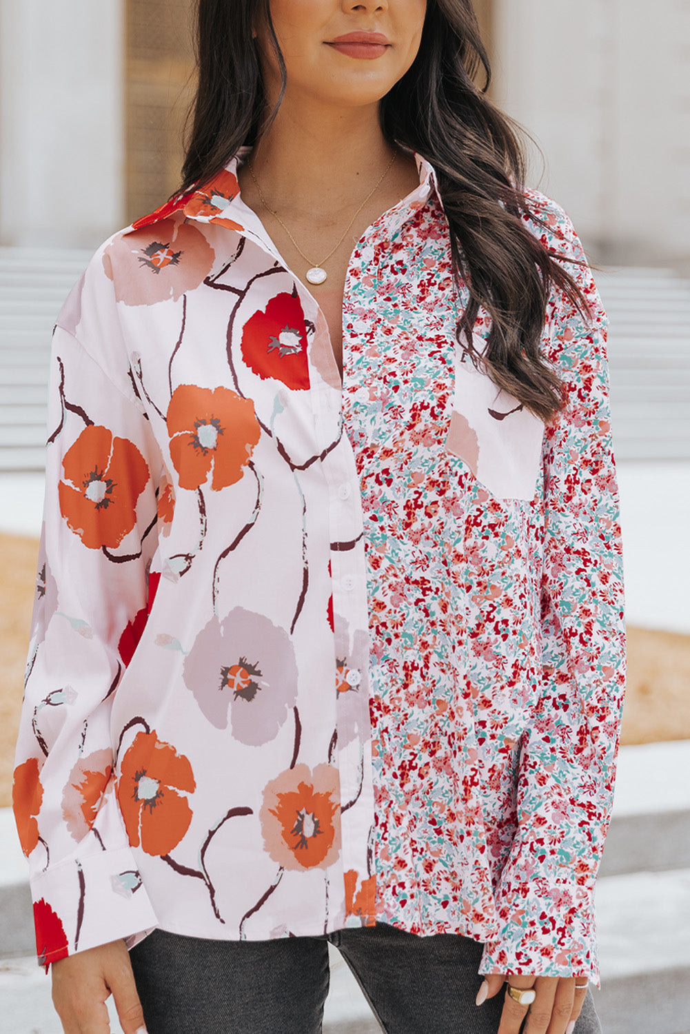 Red Floral Patchwork Buttoned Shirt with Pocket