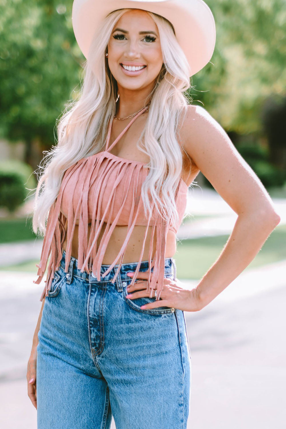 Pink Tassel Drawstring Bandeau Crop Tank Top