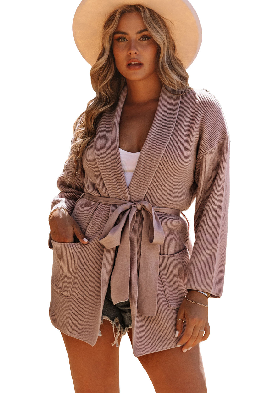 Black Robe Style Rib Knit Pocketed Cardigan with Belt