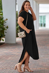 Black Plus Size V Neck Rolled Cuffs Maxi Dress