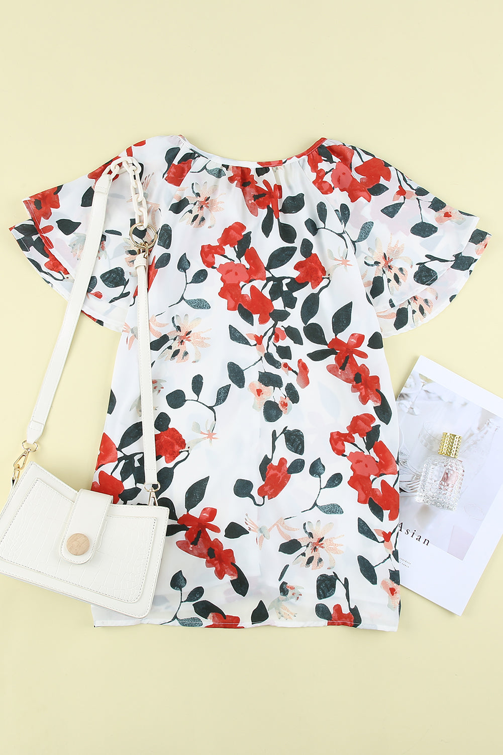 White Floral Print Drape V Neck Short Sleeve Blouse