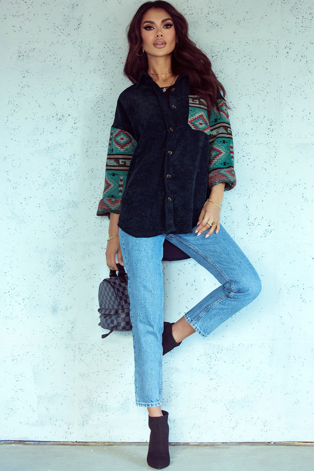 Gray  Aztec Pattern Sleeve Pocketed Corduroy Shacket