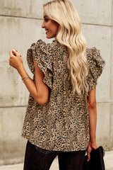Khaki Floral Print Tiered Flutter Sleeve V Neck Top