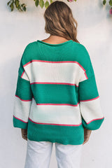 Green Striped Color Block Knitted Buttoned V Neck Sweater
