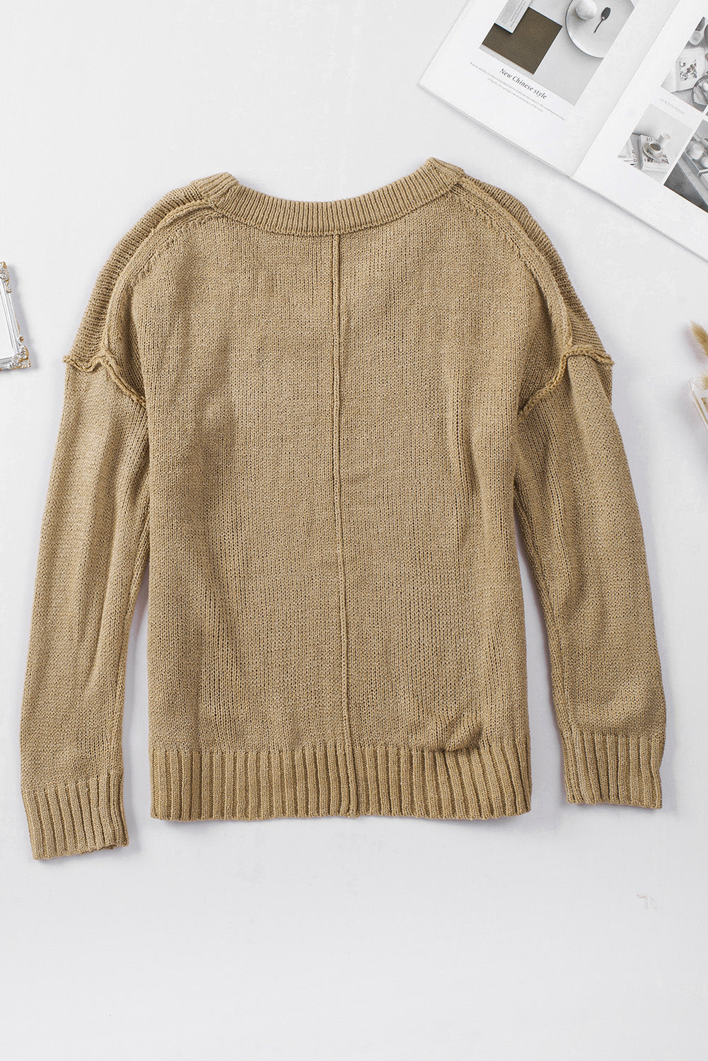 Khaki Ribbed Trim Oversize Sweater