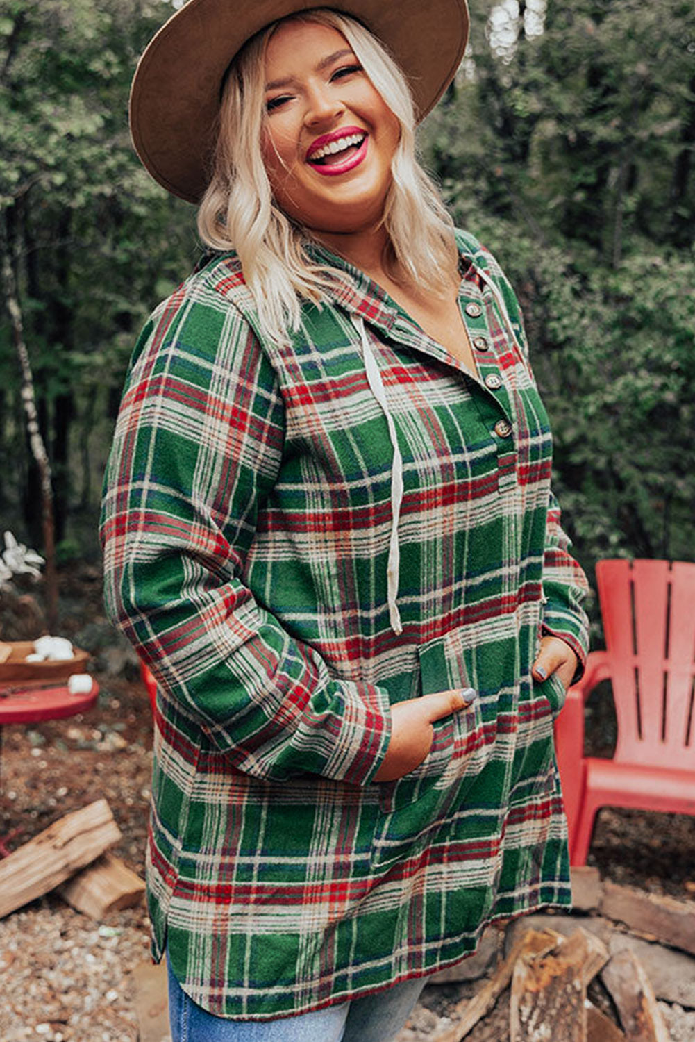 Green Plus Size Plaid Kangaroo Pocket Drawstring Hoodie