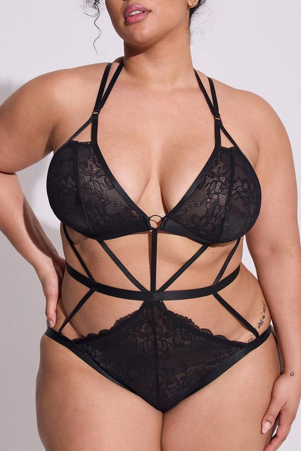 Black Plus Size Lace Strappy Caged Teddy Lingerie